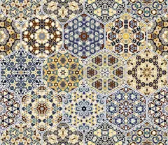 由黄色和蓝色六角形图案瓷砖。