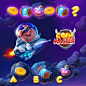 This may contain: the game title screen for coin master, with an image of a pig flying through space