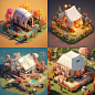 land camping spring flower house illustration, distant view, perspective flat 45 degrees, isometric illustration, headshot, focus, warm light, high detail,3d,c4d.blender,OCrenderer，ultra HD3D renderino –ar9:16