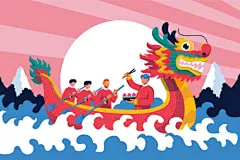 手绘小清新端午节划龙舟包粽子插画