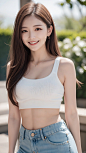  Best quality, masterpiece, ultra high res, photorealistic, Beautiful woman, shorts, crop-top, almond eyes, smile, pale skin, bokeh