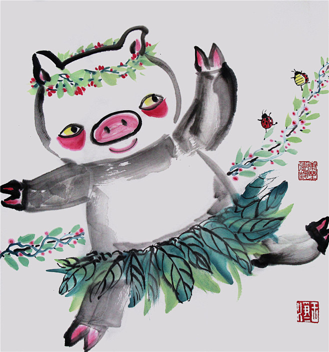 画儿晴天猪年水墨画-猪年画猪-猪年插画猪年水墨画中国画猪年元素