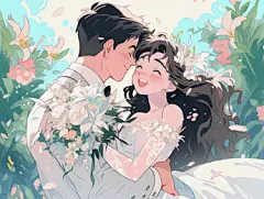 情侣结婚典礼拥抱唯美浪漫情人节爱情双人手绘插画温馨氛围感场景海报人物插画七夕
