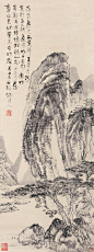 髡残——1660年作 山水立轴欣赏  |  <br/>清|髡残(1612-1692)，本姓刘，髡残为僧名，字介丘，号石溪、白秃、石道人、石溪道人，残道者、电住道人。湖广武陵(今湖南常德)人。与石涛合称"二石"，又与八大山人，弘仁，石涛合称为"清初四画僧"。擅画山水，师法王蒙，喜用干笔皴擦，淡墨渲染，间以淡赭作底，布置繁复，苍浑茂密，意境幽深。善书法，能诗。