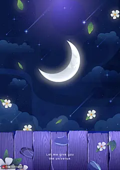 弯弯月亮 栅栏花卉 流星夜空 冬季插图插画设计AI tid064t002364 风光建筑 风景插画