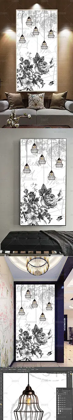 吊灯牡丹花复古手绘玄关过道背景墙