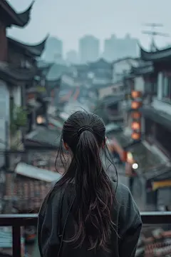 遥望远方甜美女孩背影
