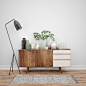 Wooden furniture with decorative objects and lamp, interior design ideas Free Psd