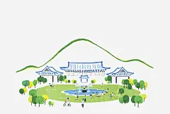 卡通手绘山林风景免抠素材_新图网 https://ixintu.com 卡通 大山 建筑 手绘 树木 湖水 绿色 风景