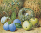 plums, apples and a bird's nest on a mossy bank by william henry hunt