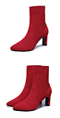 短靴女靴2019新款秋冬季加绒红色靴子袜靴粗跟高跟鞋针织袜子鞋子-tmall.com天猫