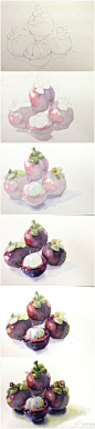 【绘画教程】 蔬果类示范汇总，by @Djibril7000 。老师示范的这么好，想知道同学们画的怎么样吗？先去吃水果解眼馋，下周公布 http://t.cn/SM9ltF 山竹画法