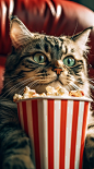 funny cat wearing 3d glasses looking at movie popcorn, in the style of dmitry spiros, animated gifs, greg olsen, 32k uhd, realistic depictions, close up, light teal and red