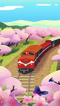 穿梭在樱花林的火车风景插画 手机壁纸图片下载