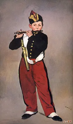 吹笛少年-马奈
吹笛少年 马奈 油画 法国 1866年 160×98厘米 巴黎奥赛博物馆 
    画中描绘的是近卫军乐队里的一位少年吹笛手的肖像。画家在探索形与色的统一时，注意到人物个性特征的刻画。在色彩上追求一种稳定的、几乎没有变化的亮面，然后突然转入暗部，将人物置于浅灰色、近乎平涂的明亮背景中进行描绘，用比较概括的色块将形体显示出来。在这幅画中没有阴影，没有视平线，没有轮廓线，以最小限度的主体层次来作画，否定了三度空间的深远感。杜米埃说过马奈的画平得像扑克牌一样。