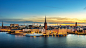 Sunset over Riddarholmen chruch in old town Stockholm city, Sweden