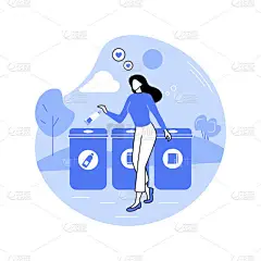 垃圾分类设施隔离卡通矢量插图。年轻姑娘在城市公园里扔瓶子供回收利用，环保，垃圾分类观念病媒卡通片.