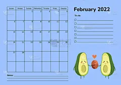 水平规划2022鳄梨。2月日历页面。组织者调度时间表向量模板。每月的页面。可爱的卡哇伊卡通人物。健康