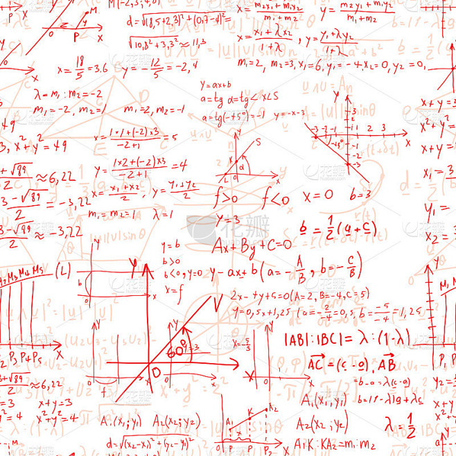 数学教育矢量无缝模式手写公式，任务，绘图，计算和几何图形。无尽的纹理。数学背景在抄写纸上手写演讲