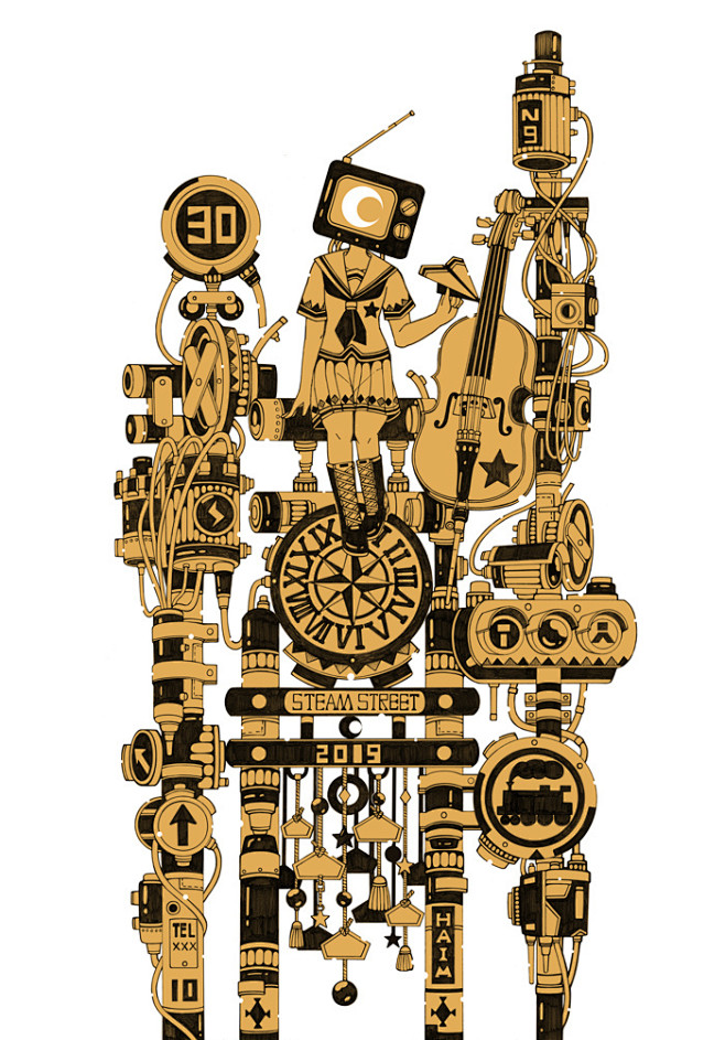 haim原创蒸汽朋克插画机械steampunk蒸汽街的秘密steamstreet