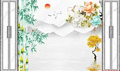 亮十一353-新中式意境禅意抽象山水竹子金色发财树玉雕牡丹花朵