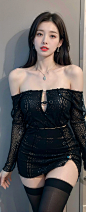 8k,RAW photo,best quality,masterpiece,realistic,1girl,off-shoulder dress,black thighhighs,sexy