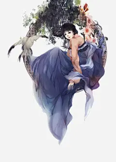 韩国少女_新图网 https://ixintu.com 插画 手绘少女 鸟 韩服 吊篮 植物 花朵