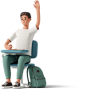 young man sitting at green desk and raising his hand Illustration in PNG, SVG
