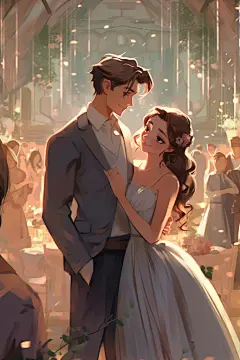 漫画风Q版情侣结婚人物婚礼插画