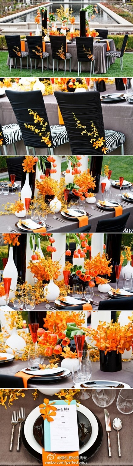 #布置灵感# 橙红与黑色的餐桌布置灵感 ...