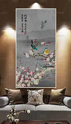 新中式手绘工笔玉兰花鸟水墨山水玄关背景墙