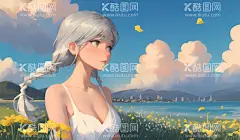 白发少女壁纸插画  - 源文件下载【酷图网】白发少女,海边,花海,壁纸,蓝天,白云