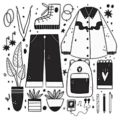 冬季元素雪地靴毛衣背包花瓶植物手绘黑白插画元素矢量图素材