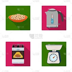 厨房设备平面图标集设计。厨房和配件矢量符号股票网络插图。