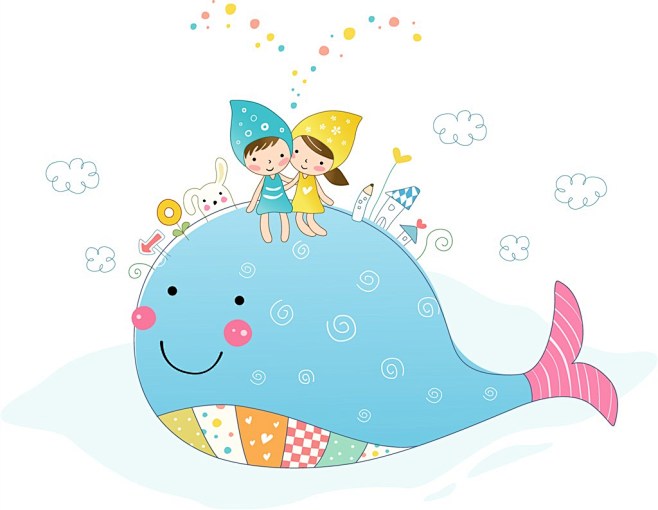 坐在鲸鱼上的卡通女孩