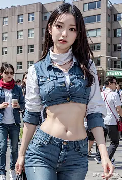 韩国街头 | 牛仔衣时尚女孩《Ai写真绘画》 : 在韩国街头，你看到一位时尚的女生正在逛街。她身穿一件简约的蓝色牛仔衣。她将头发披在肩膀上，脚踩一双白色的运动鞋。她优雅的走着，一路上引来了不少路人的注目。 这位女生有着一张清秀的脸蛋，五官精致，小巧…