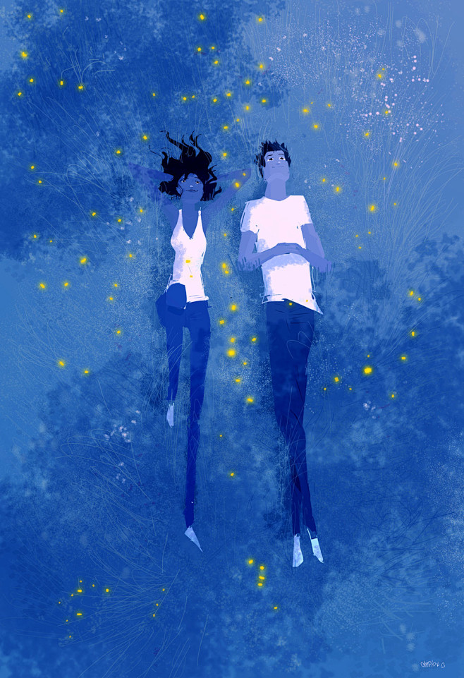 蓝 夜空下的情侣
