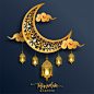 Ramadan kareem or eid mubarak  greeting background islamic with gold patterned and crystals on paper color background. Premium Vector