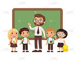 教师与学生在教室平面矢量插图。男孩和女孩身着校服,男教师站在黑板旁卡通人物。快乐小学生