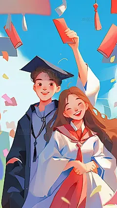 毕业季致青春插画学士帽毕业学生扁平风