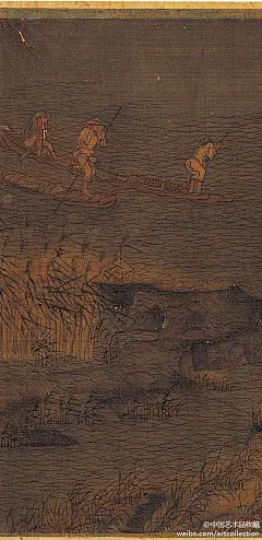 #山水画#【 五代南唐 赵幹 《江行初雪图》 】卷，绢本设色，25.9×376.5cm，台北故宫博物院藏。 画江边渔人作活的情景。江天寒雪纷飞，渔家之艰辛，描述殆尽。岸上旅客攒行长林雪堤，人驴面目各具苦寒难行之色。通幅淡墨渍染绢地，再洒白粉為雪。寒林枯木皆中锋圆笔，遒劲有如屈铁。