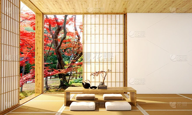 现代客厅室内设计，木地板，白色墙壁，设计日式风格，3d插图，3d渲染素材-花瓣网