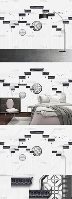 新中式徽派建筑马头墙山水壁画手绘马头墙