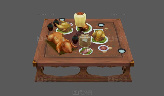古代餐桌，烤猪，花生米，小笼包，包子，烧鸡，西湖醋鱼，酒坛酒水，烤乳猪，方桌，木桌子，食物 - 生活用品 蛮蜗网