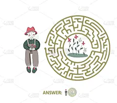 有园丁和花的儿童迷宫。儿童益智游戏，矢量迷宫插图。
