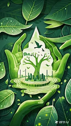 动态剪纸层叠构图，无数绿色手掌托起年轮状树桩平台，飞鸟群组成树枝形态，飘落的种子化作城市建筑剪影，荧光笔触勾勒出根系光流，磨砂质感背景叠加叶脉投影，中心留白处呈现水滴形负空间 (1)