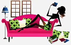 女生躺着看书高清素材 手绘 枕头 沙发 落地灯 免抠png 设计图片 免费下载
