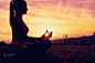 Young athletic woman practicing yoga on a meadow at sunset, silhouette by Andrea Obzerova on 500px