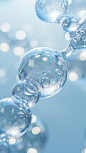 A closeup of an abstract background featuring multiple bubbles and water droplets, with one large bubble in the center containing two small molecules, all set against a light blue gradient backdrop. The style is high-definition, with soft lighting enhanci