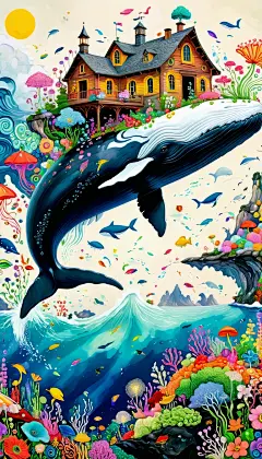 (((飞翔的鲸鱼:1.37))).(((多彩的黑色，多巴胺配色方案)))，(((宁静的海边，岩石上的房子)))，白云、弗洛什、触手、鸟、(((眼睛)))、硅藻，抽象马赛克绘画，描述自闭症患者的内心世界，大面积白色，有趣，纯真，想象，迷幻艺术，
